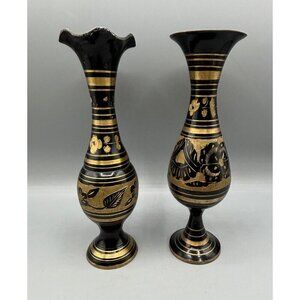 Vtg Pair Black Gold Brass Tone Metal Floral Etched Vases‎ Decorative Home Decor